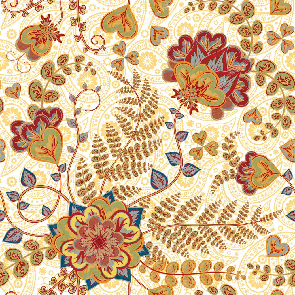 Ornate fantasy flowers seamless paisley pattern. Floral ornament on dark background for fabric, textile, cards, wrapping paper, wallpaper template.Ornamental bright motif