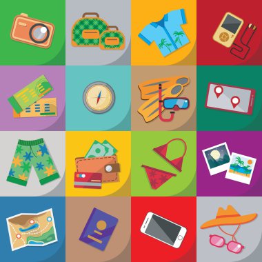 Düz tasarım çanta, pasaport, gözlük, maske, gömlek, Pusula, şapka, bikini ile afiş ve diğer seyahat.