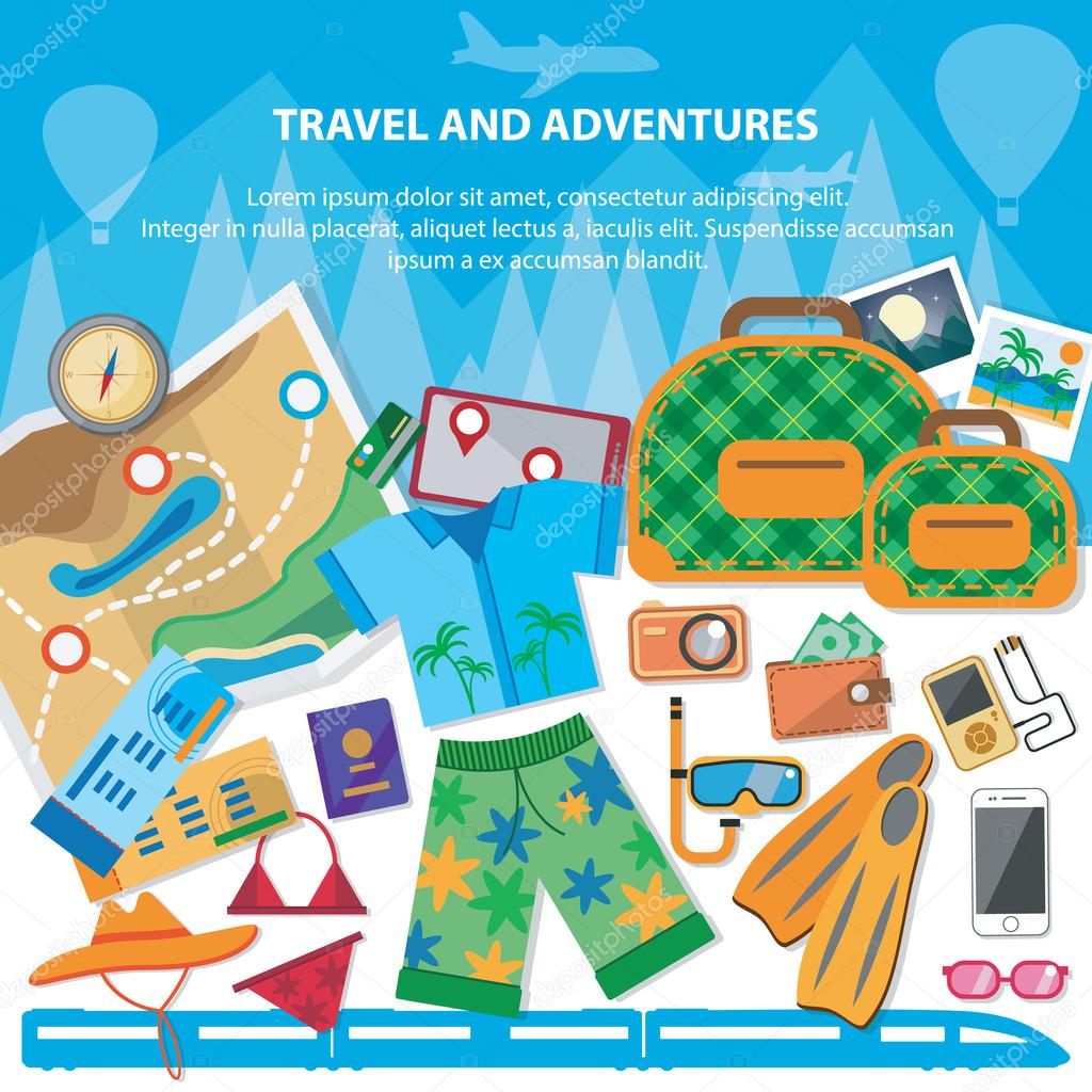 Travel flat design banner with bag, passport, glasses, mask, shirt, compass, hat, bikini and other.