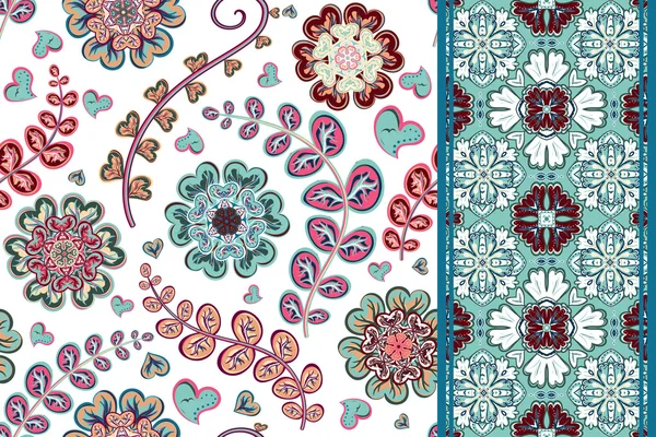 Set of flowers seamless pattern and border backgrounds. Vector illustration. — Stock Vector