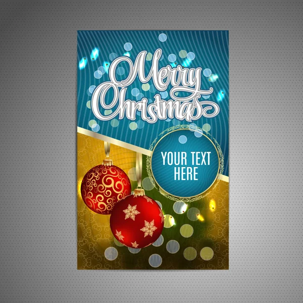 Vector Christmas Poster background with blurred christmas tree and two red christmas balls. Vector. — Stock Vector