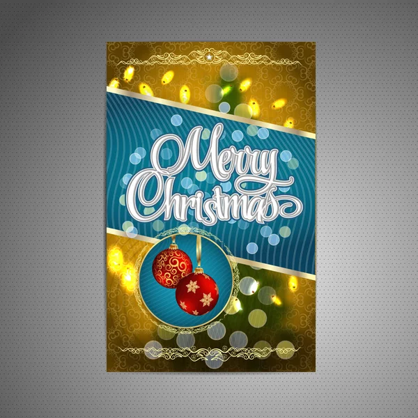 Vector Natal Poster fundo com árvore de Natal borrada e duas bolas de Natal vermelhas. Vetor . — Vetor de Stock