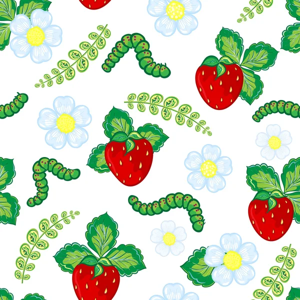 Grappige naadloze vector patroon met aardbei, caterpillar, bloemen en bladeren. Berry geïsoleerd op witte achtergrond — Stockvector
