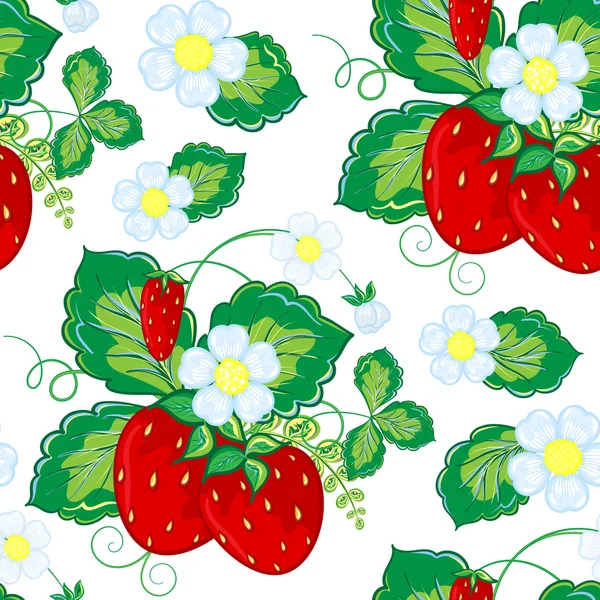 Aardbeien en bloemen, zeewieren, naadloze patroon, blad achtergrond-vector illustratie — Stockvector