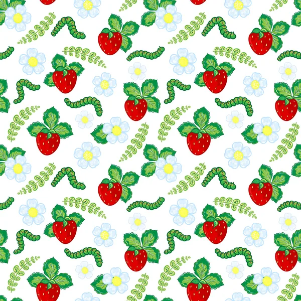 Grappige naadloze vector patroon met aardbei, caterpillar, bloemen en bladeren. Berry geïsoleerd op witte achtergrond — Stockvector