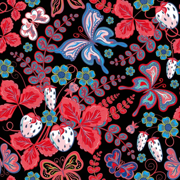 シームレスな果実、花や蝶。手描きのベクトル図. — ストックベクタ