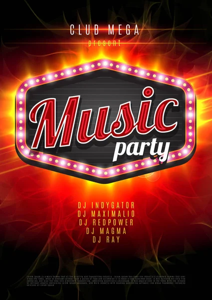 Music party vector poster with a light frame on the red background — Stock Vector