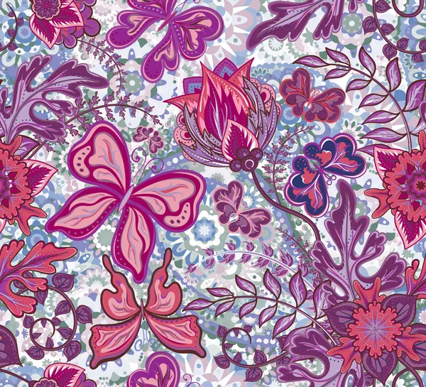 Patrón floral sin costuras con flores de fantasía y mariposas sobre fondo pastel de colores, dibujo a mano. Ilustración vectorial . — Vector de stock