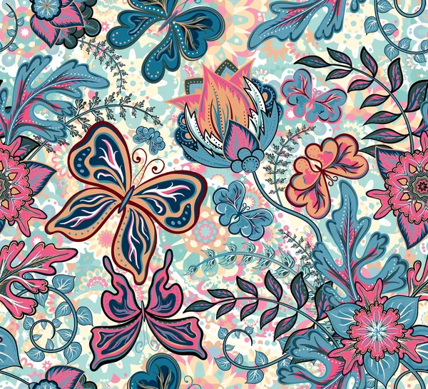 ファンタジーの花と蝶カラフルなパステル調の背景にシームレスな花柄、手を描画します。ベクトル図. — ストックベクタ