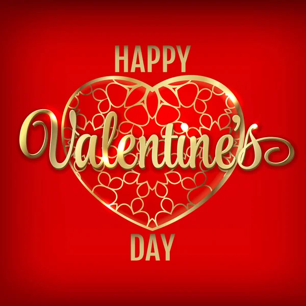 Dia dos Namorados saudação com balões de coração vermelho e letras douradas em fundo vermelho brilhante ilustração vetor —  Vetores de Stock