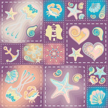 Donanma vektör seamless modeli. Dalgalar, Yengeç, tekerlek, çapa, yıldız, kalp.