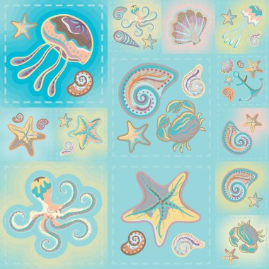 Donanma vektör seamless modeli. Dalgalar, Yengeç, tekerlek, çapa, yıldız, kalp.