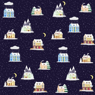 Dekoratif renkli evler kış zamanında ile Seamless modeli. Noel ve yeni yıl tatilleri şehir sonsuz arka.