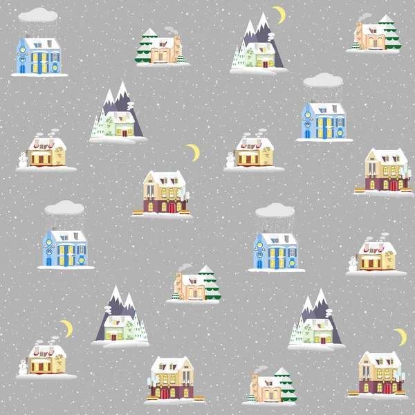 Modèle sans couture avec des maisons colorées décoratives en hiver. Noël et Nouvel An vacances Ville fond sans fin . — Image vectorielle