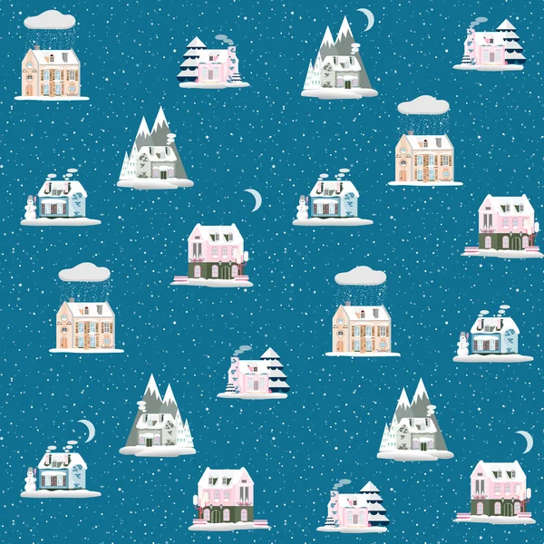 Seamless pattern with decorative colorful houses in winter time. Christmas and New Year holidays City endless background.