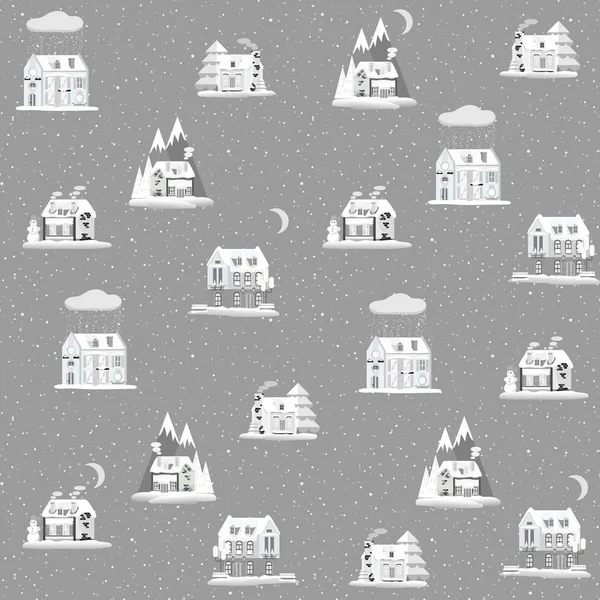 Seamless pattern with decorative colorful houses in winter time. Christmas and New Year holidays City endless background.
