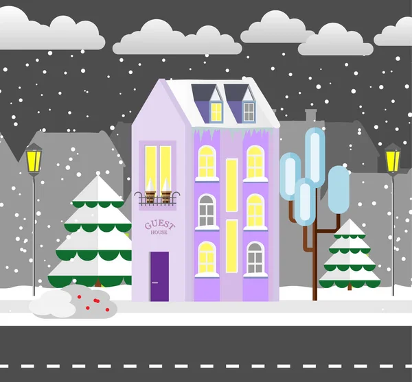 平面样式过冬的房屋。小屋。矢量图。降雪的背景。平面设计冬季卡. — 图库矢量图片
