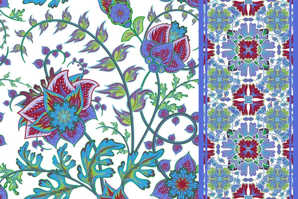 Milieux floraux sans couture et frontière. Ensemble de motifs vectoriels avec des fleurs fantastiques . — Image vectorielle