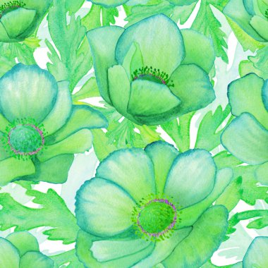 Anemon ile sulu boya Dikişsiz desen. Raster doku afiş, davetiye veya başka bir tasarım için.