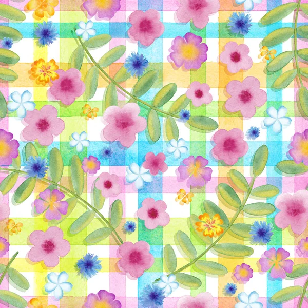 Seamless flowers cosmos on a gingham checks yellow colors.  blue flowers on stripes ornament. Watercolor realistic painting — Stock Photo, Image