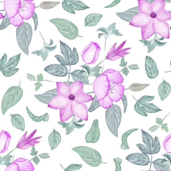 Aquarell rosa Blüten und blaue Blätter wiederholen Muster — Stockfoto