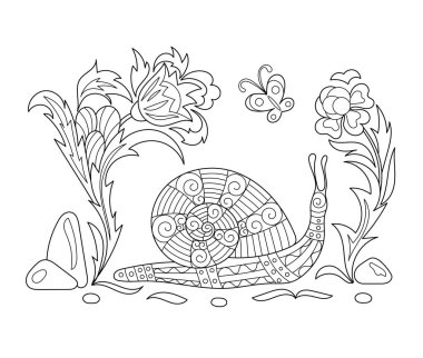 Zentangle stilize çizgi film salyangoz çiçekler arasında gezinme. Yetişkin antistress boyama sayfası için kroki. El çizilmiş doodle, zentangle, boyama kitabı için çiçek tasarım öğeleri.