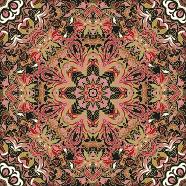 Çiçek desenli güzelleşmek oryantal etnik köken döşenir. Arapça süsleme fantastik çiçek ve yaprakları ile. Antik Hint kumaş desenleri resimleri harikalar motifleri.