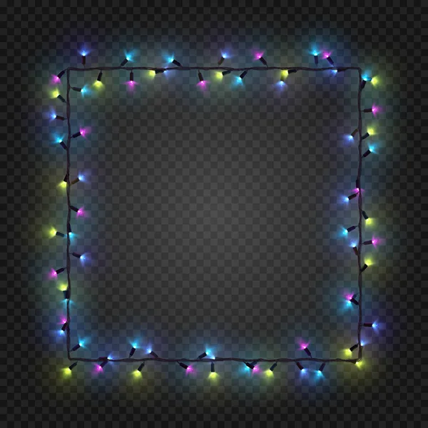 Lampadine colorate di Natale, ghirlanda che forma un quadrato, vettore. Cornice quadratica bianca festiva con ghirlanda elettrica — Vettoriale Stock