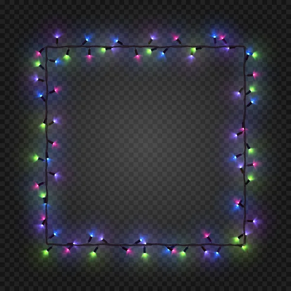 Vánoční barevné žárovky, věnec tvoří čtverec, vektorové. Slavnostní prázdné kvadratické rám s elektrickým věnec — Stockový vektor