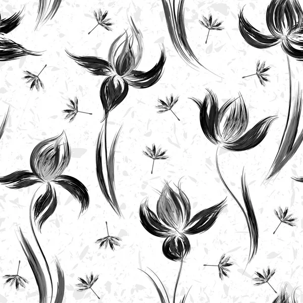 Nahtloses Muster mit floralem Ornament, Schwertlilien im Grunge-Stil auf weißem Hintergrund. — Stockvektor