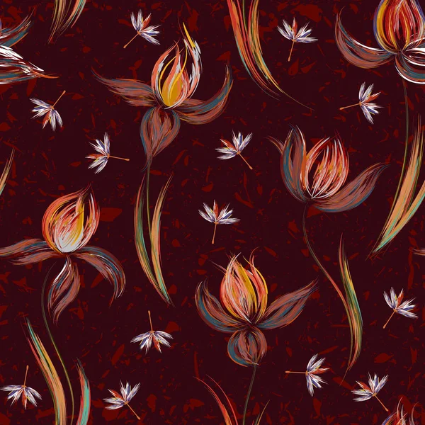 Motif sans couture avec ornement floral, iris dans un style grunge sur fond blanc . — Image vectorielle