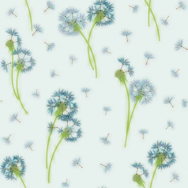 Имитация акварели, бесшовный рисунок с весенними нежными цветами - одуванчиками и семенами на белом фоне — стоковый вектор