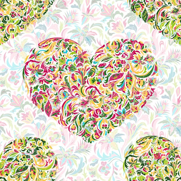 Coloridos corazones florales adornados patrón sin costuras . — Vector de stock