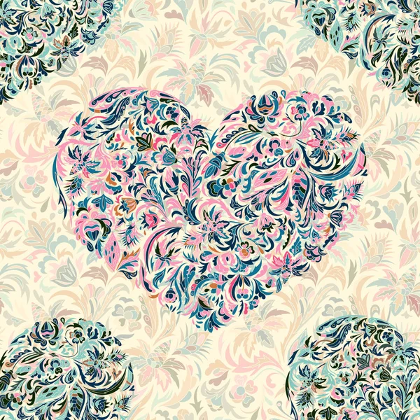 Coloridos corazones florales adornados patrón sin costuras . — Vector de stock