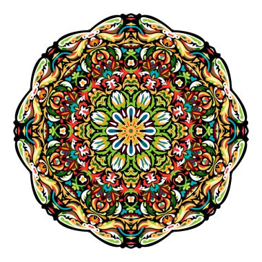 Çoğu mandala karmaşık elemanlarından oluşan. Elle çizilmiş. Oryantal çiçek desenli. Vektör çizim. Parlak renkler.