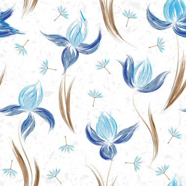 Çiçek süsleme, süsen beyaz arka plan üzerinde bir grunge tarzı ile Seamless Modeli.