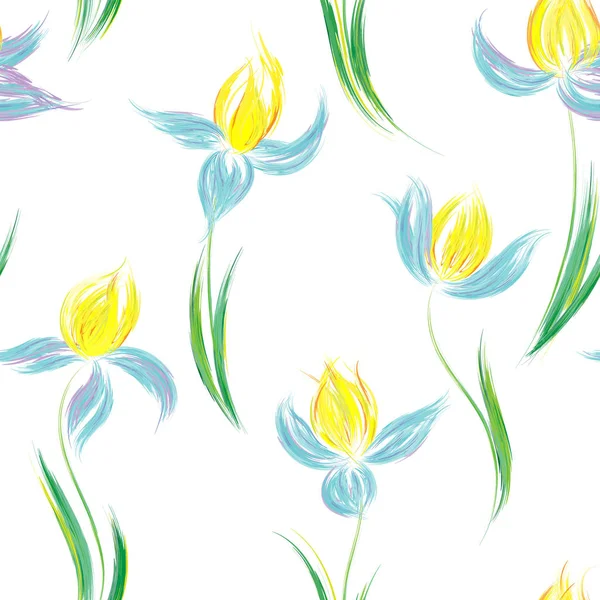 Modello senza cuciture con ornamento floreale, iris in stile grunge su sfondo bianco . — Vettoriale Stock