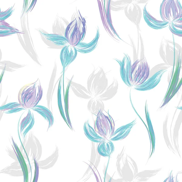Modello senza cuciture con ornamento floreale, iris in stile grunge su sfondo bianco . — Vettoriale Stock