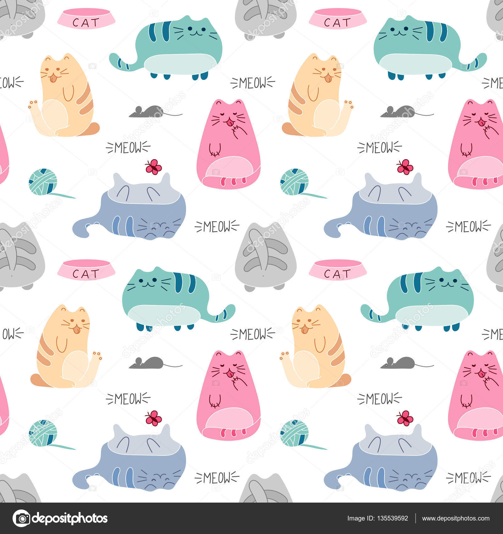 Søtt, sømløst mønster med katter og tilbehør stockvektor © leezarius  #135539592, image size:1600x1700
