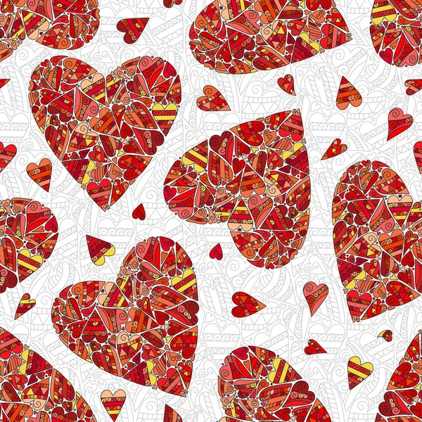Kırmızı kalp seamless modeli - Sevgililer günü vektör tasarımı. Zendoodle stile arka plan. — Stok Vektör