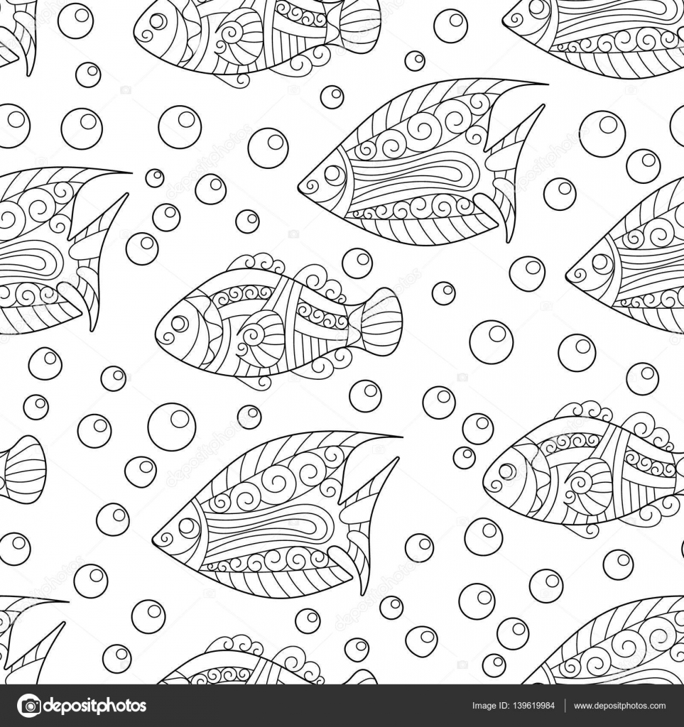 Disegni da colorare per adulti Libro da colorare Anti stress Senza soluzione di continuit  astratti disegnata a mano pesci ornamentali con il reticolo di