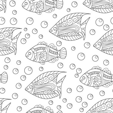 Sayfaları yetişkin renklendirme. kitap. Antistress. Sorunsuz soyut çizilmiş süs balık babbles desenli. Zentangle arka plan. Doodl tarzı.