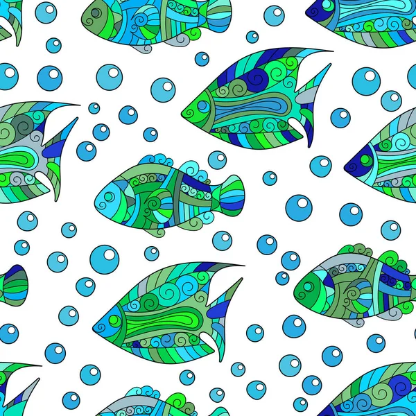 Zentangle stylizowane morze muszla jednolity wzór. Ilustracja wektorowa ciągnione wodnych doodle ręcznie. Ocean życia. Muszle, rozgwiazdy, ryby, konia. Jasne kolory gorąco na tle winnego. — Wektor stockowy
