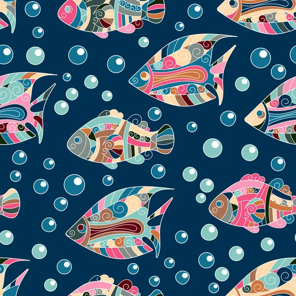 Nahtloses Muster mit farbigen Zentangle-Doodle-Fischen. Jahrgang. — Stockvektor