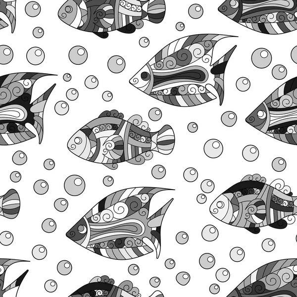Zentangle stylisé coquille de mer motif sans couture. Illustration vectorielle de doodle aquatique dessinée à la main. La vie marine. Coquilles, étoiles de mer, poissons, chevaux. Couleurs chaudes vives sur fond vineux . — Image vectorielle