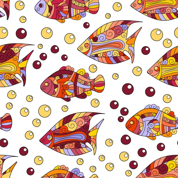 Zentangle estilizado concha do mar sem costura padrão. ilustração do vetor doodle aquático desenhado à mão. Vida marinha. Conchas, estrelas do mar, peixe, cavalo. Cores quentes brilhantes no fundo vinoso . —  Vetores de Stock