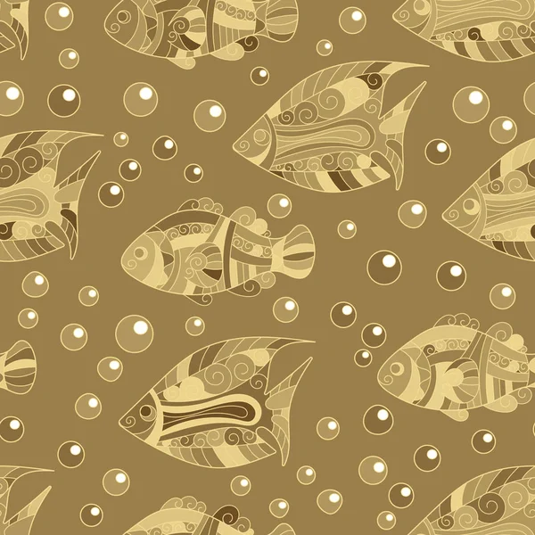 Nahtloses Muster mit farbigen Zentangle-Doodle-Fischen. Jahrgang. — Stockvektor