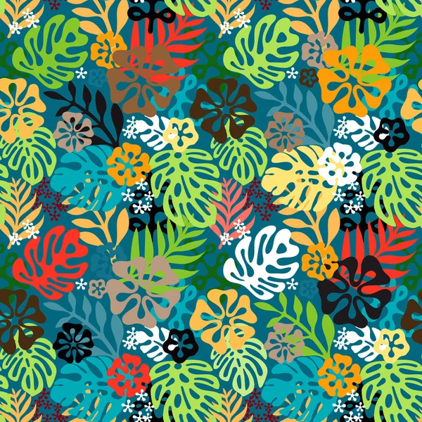 Estate esotica palma tropicale floreale, foglie di banana in stile blu. Modello vettore senza soluzione di continuità sullo sfondo rosa. Pianta fiore natura carta da parati — Vettoriale Stock