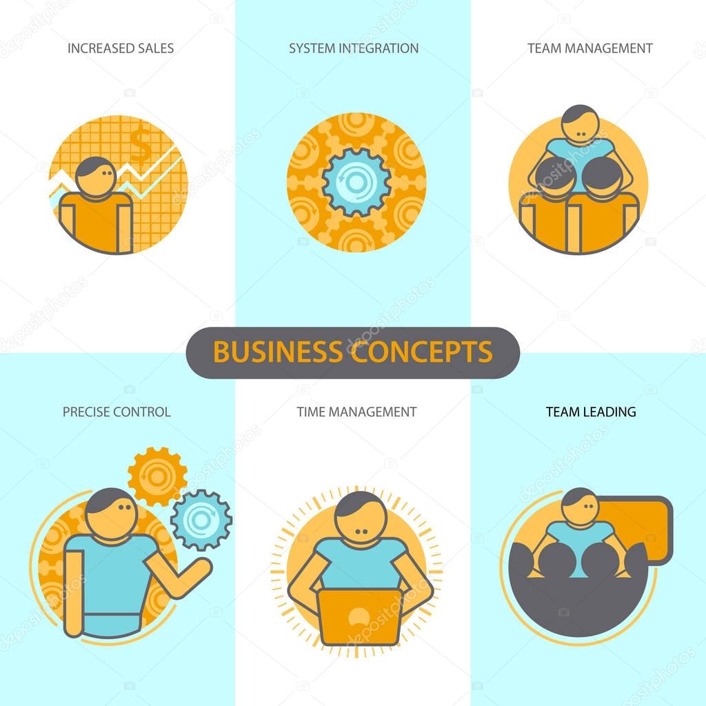 Line icon with flat design elements of business concepts, increased sales, system integration, team management, precise control, time management, team leading. Modern vector pictogram.