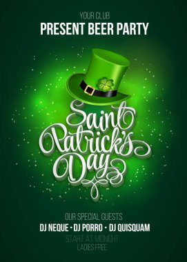 Saint Patricks Day davetiye kartı tasarımı ile cin yeşil arka plan bulanık Tarih hazinesi. Kaligrafi yazı yazıt mutlu St Patricks Günü. Vektör çizim.